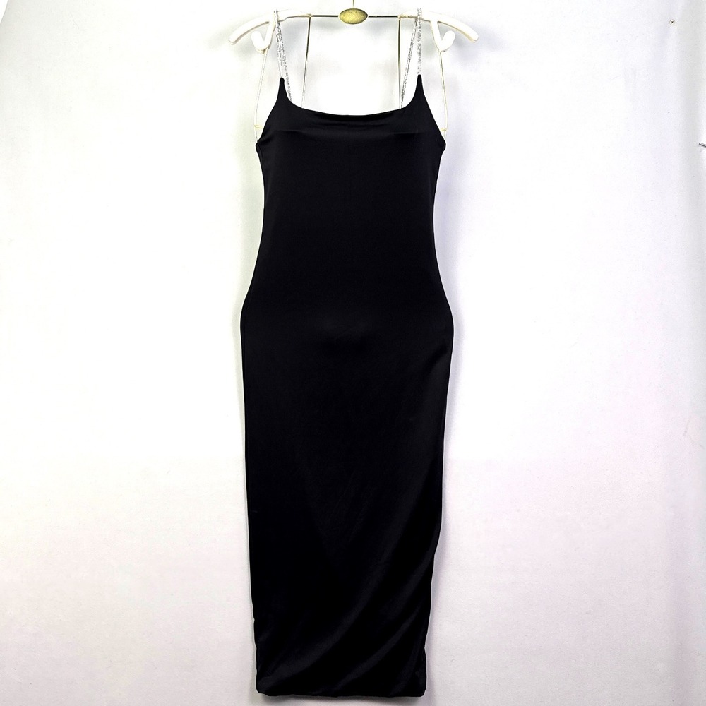Forever 21 Black Bodycon Midi Dress Rhinestone Straps Size S Square Neck Slit